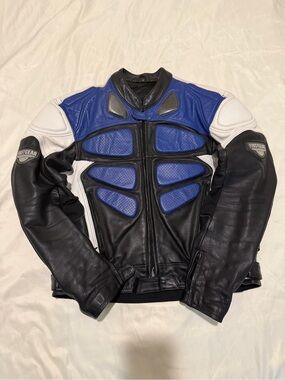 First gear Men’s Black & Blue Perforated Leather Motorcycle Jacket,Sz 46